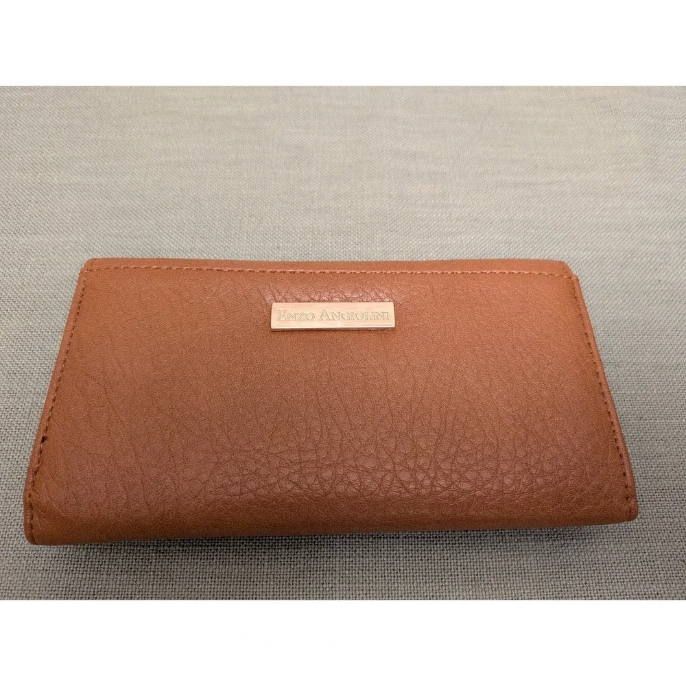 Enzo Angiolini Cognac Brown Studded Trifold Wallet Rose Gold Faux‎ Leather